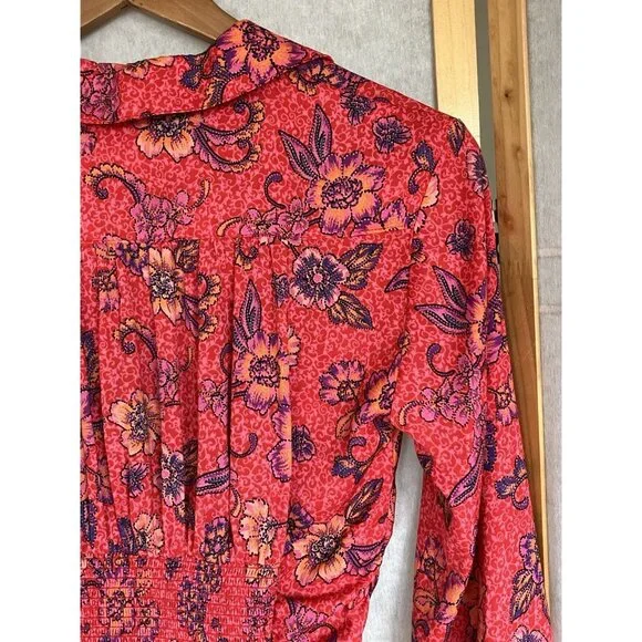 FREE PEOPLE I Got You Printed Floral Smocked Crop Top Red Long Sleeve XSmall - Picture 10 of 11